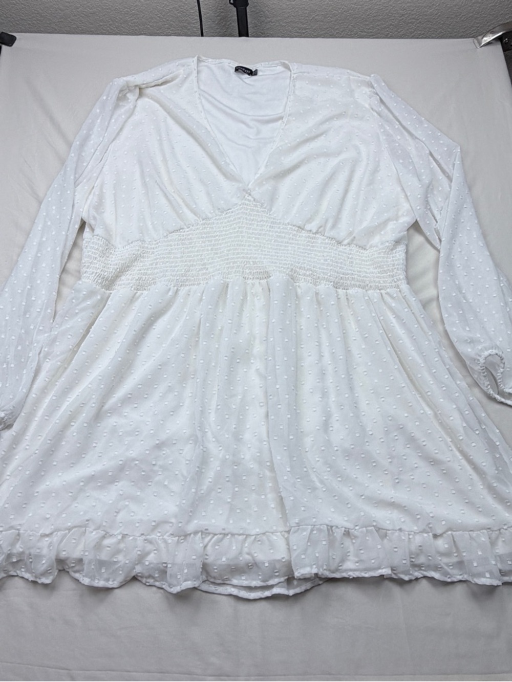 Boohoo Plus White Swiss Dot V-Neck Smocked Waist Dress